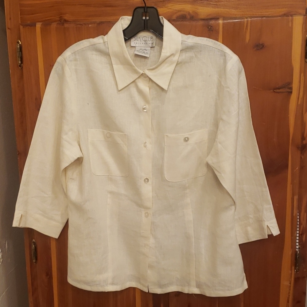 Silk Club, Linen, Collared Shirt, Size 2, Button Up, Bone, Luxury